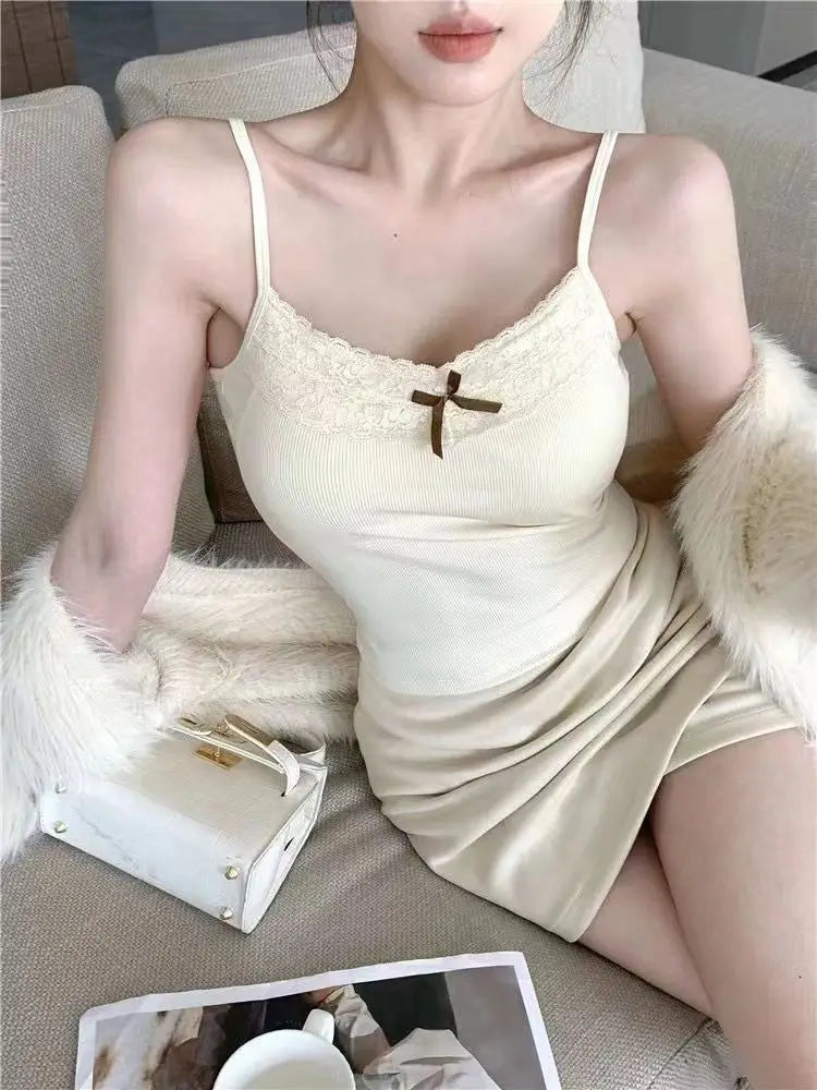 Women Camisole Tank Tops Sexy Bow Sleeveless Corset Top with Chest Pad Sweet Lace Patchwork Crop Tops Summer Slim Elegant Camis