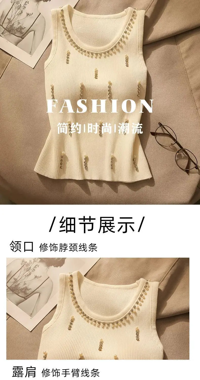 2025 New Women Vest Top Design Heavy Beads Diamonds Slim Vest Coat New Ice Silk Knitted Camisole Undershirt Women's Tops Summer
