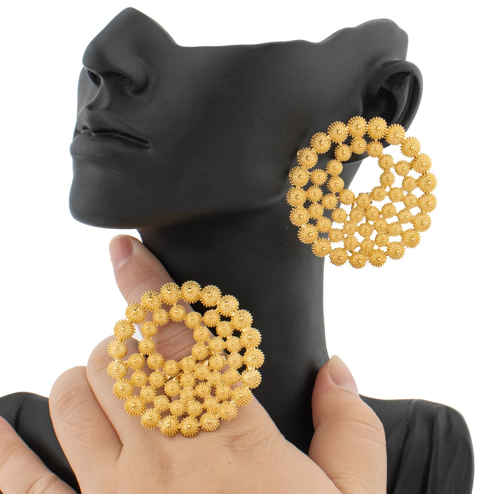 Earrings Jewelry Set for Women African 18k Gold Color Earrings with Ring Unusual Design Ear Accessories Girls Lover Daily Gifts