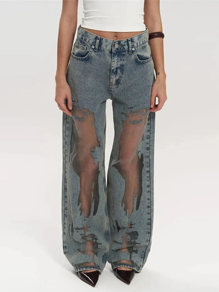 Women's Distressed Ripped Grunge Denim Jeans Gothic Dark High Waist Straight Leg Baggy Pants Trendy Hip Hop Streetwear Trousers