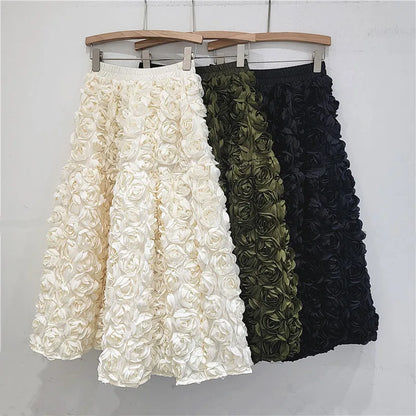 Skirt for Women 2025 Summer Versatile Three Dimensional Flower Mid-calf Skirt High Waist Big Swing Fashion A-line Long Skirts
