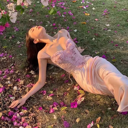 Women Corset Top Y2K Clothes Lolita Ruffles Flower Lace Tank Top Summer French Tube Tops Cute Clothes Pink Crop Tops