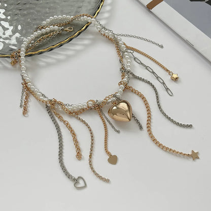 Necklaces for Women Heart-shaped Cross Imitation Pearl Tassel Long Necklace Colliers Femmes Girl Stuff