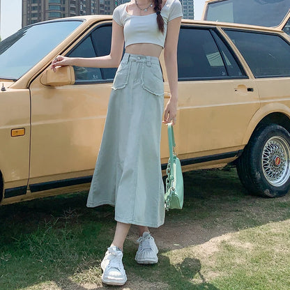 Apricot Denim Skirt Summer Women's 2024 New High Waist Slim Fashion Design Pocket Hip A-line Ankle-length Jean Skirt