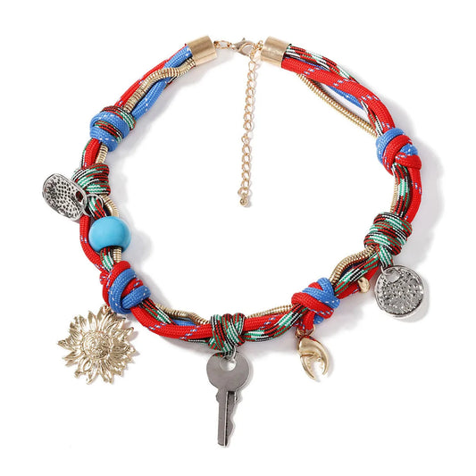 Coloured Cord Necklaces For Women Statement Accessory With Charms Bohemian Vintage Key Crab Clap Flower Choker Rope Necklace