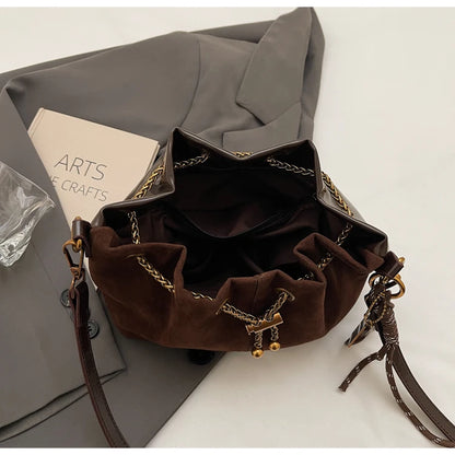 Women Vintage One Shoulder Bag Frosted Solid Drawstring Soft All-Match Bucket Bags High-Grade Versatile Commute Crossbody Packs