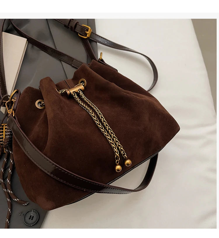 Women Vintage One Shoulder Bag Frosted Solid Drawstring Soft All-Match Bucket Bags High-Grade Versatile Commute Crossbody Packs