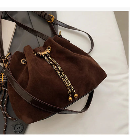 Women Vintage One Shoulder Bag Frosted Solid Drawstring Soft All-Match Bucket Bags High-Grade Versatile Commute Crossbody Packs