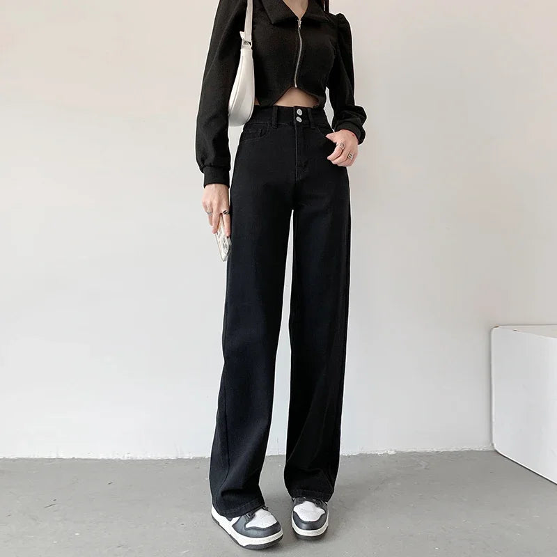 Women's Jeans Autumn High Waist Loose Straight Denim Pants Black Blue Fashion Korean Street Stretch Soft Comfortable Trousers
