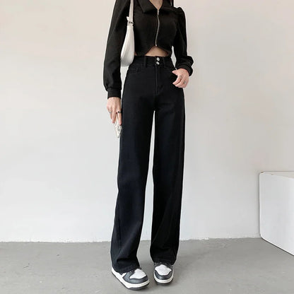 Women's Jeans Autumn High Waist Loose Straight Denim Pants Black Blue Fashion Korean Street Stretch Soft Comfortable Trousers