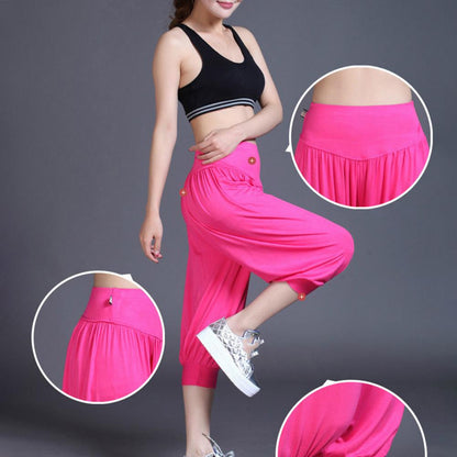 Summer Women Yoga Pants Modal Solid Color Yoga Cropped Pants Wide Elastic Waistband Dance Performance Wide Leg Pants Bloomers