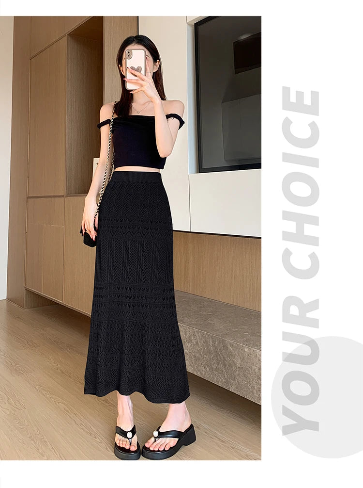 Skirts Women Trumpet High Waist Long Skirt Female Summer Elegant Knitted Hollow Out Fahison Skirt Bottom