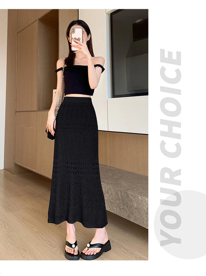 Skirts Women Trumpet High Waist Long Skirt Female Summer Elegant Knitted Hollow Out Fahison Skirt Bottom