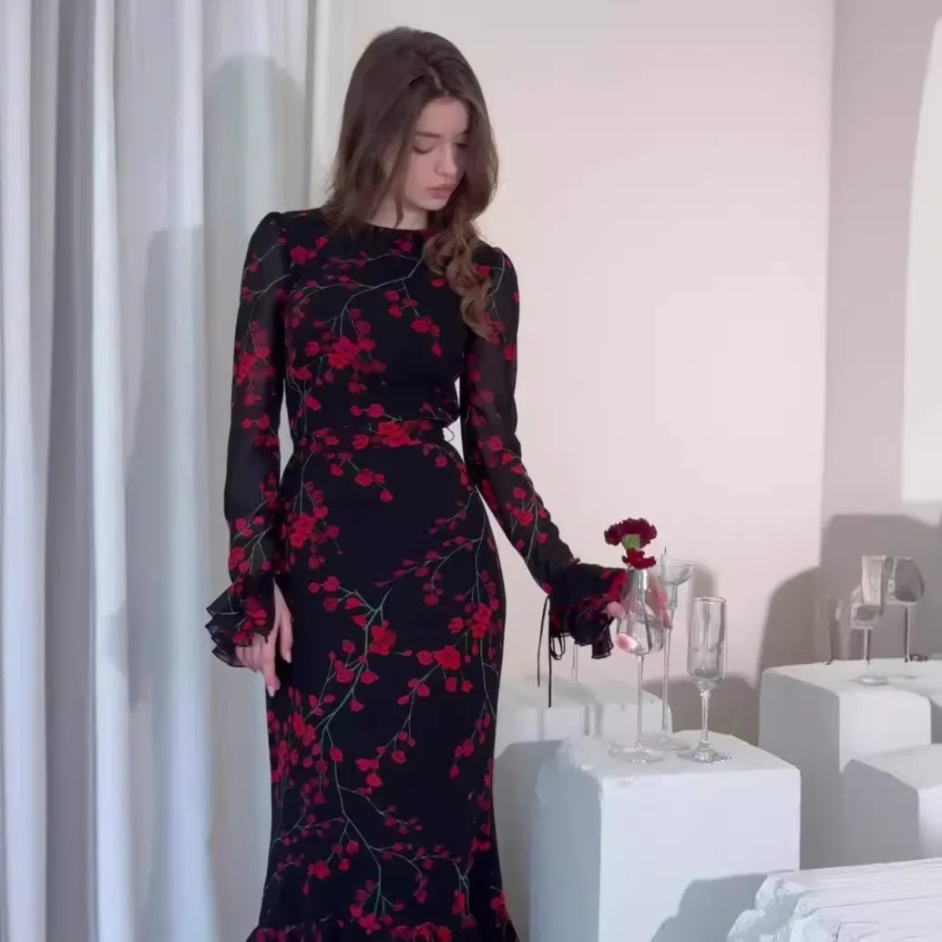 Women's Evening Dresses Summer New Printed French Floral Slim-fitting Retro White Dress for Women