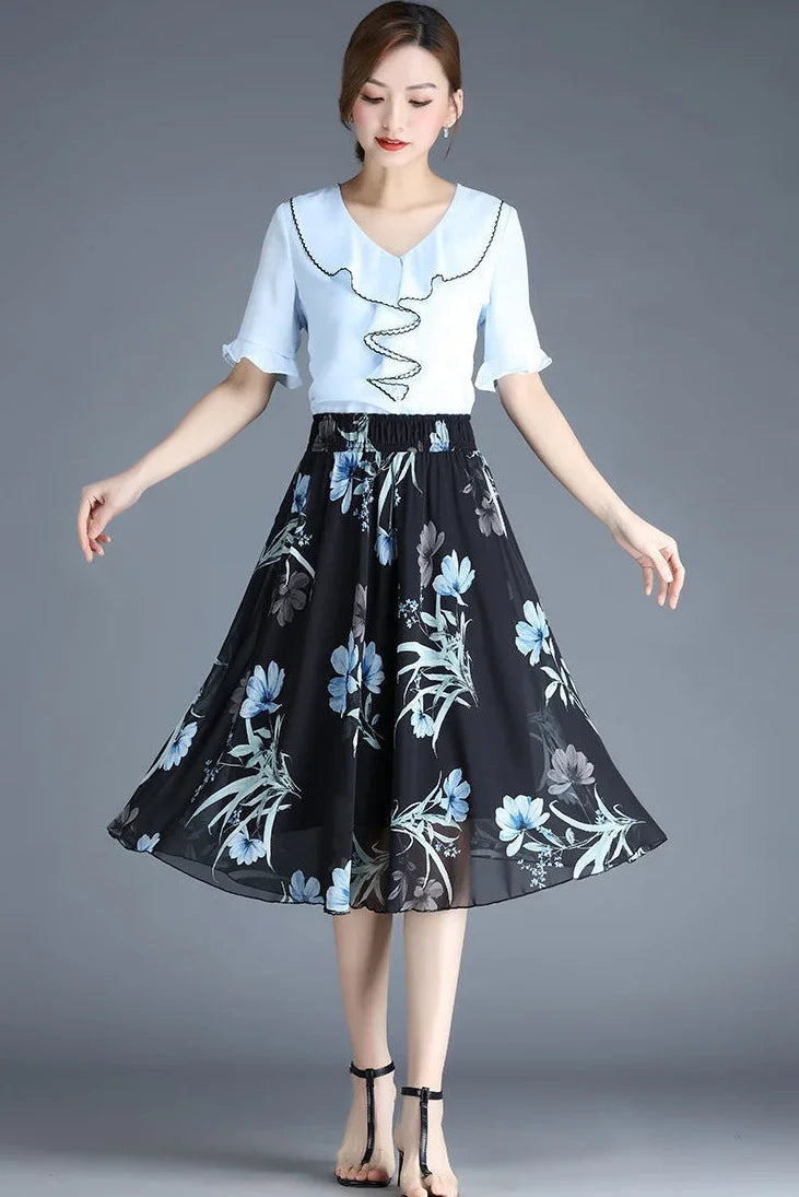 Skirts for Women Chiffon Woman Skirt Floral Midi Summer Casual New In Clothing Sales Modest Luxury Elegant High Quality V Cheap