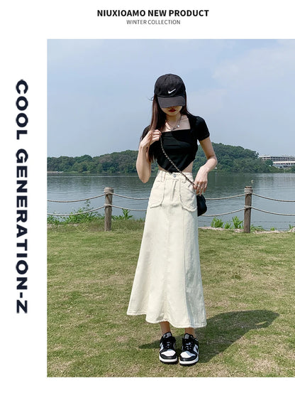 Apricot Denim Skirt Summer Women's 2024 New High Waist Slim Fashion Design Pocket Hip A-line Ankle-length Jean Skirt