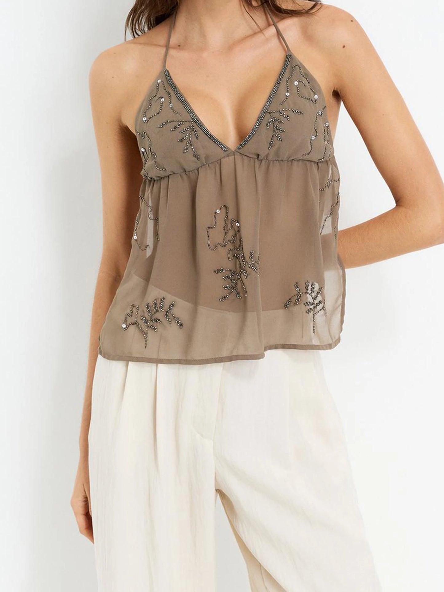 Women Halter Top Tie-Up Sleeveless Tops Shiny Beaded Summer Vest For Beach Vacation Summer Party Daily Wear Streetwear