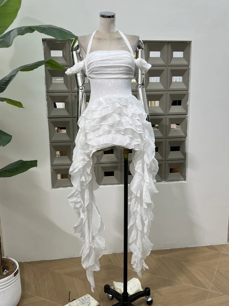 Women Ruffles Draped Dress Three Piece Sets Sexy Halter Neck Folds Ruffled Dress+Lace-up Corset Top+Shorts Suits Party Cocktail