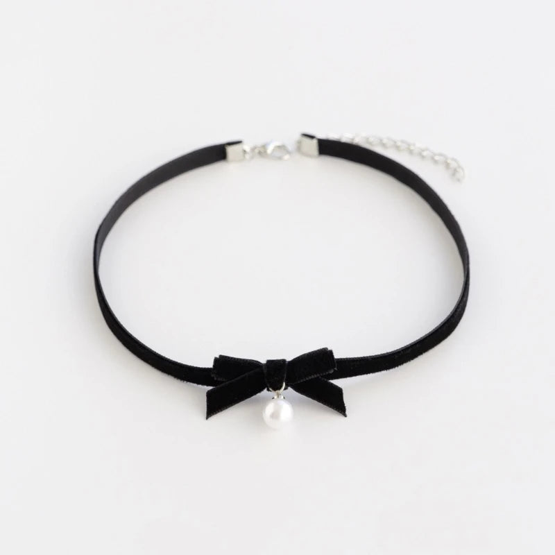 Elegant Bowknot Necklace Pearls Beads Pendant Clavicle Chain Velvets Bows Collarbone Chain Ornament for Women Girls