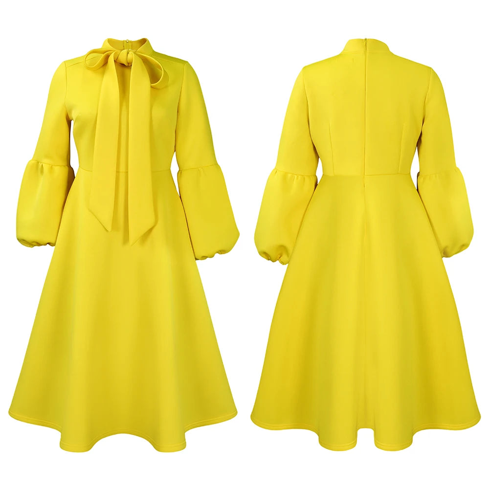 Elegant Dresses for Women Bow Collar Full Sleeve High Waisted A Line Mid Calf Luxury Female Birthday Party Dinner Vestidos Mujer