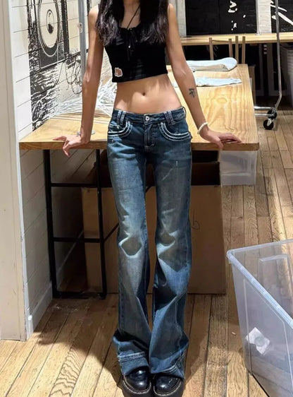 Vintage High Street Low-Waisted Jeans Women 2025 New All-Match Wide Leg Y2K Denim Trousers Female Sexy Slim Fit Flares Pants