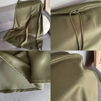 Long Black Satin Skirts Women For Work Summer Autumn Straight Brown Skirt Long Belt Coffee Formal Silk Maxi Skirt For Ladies