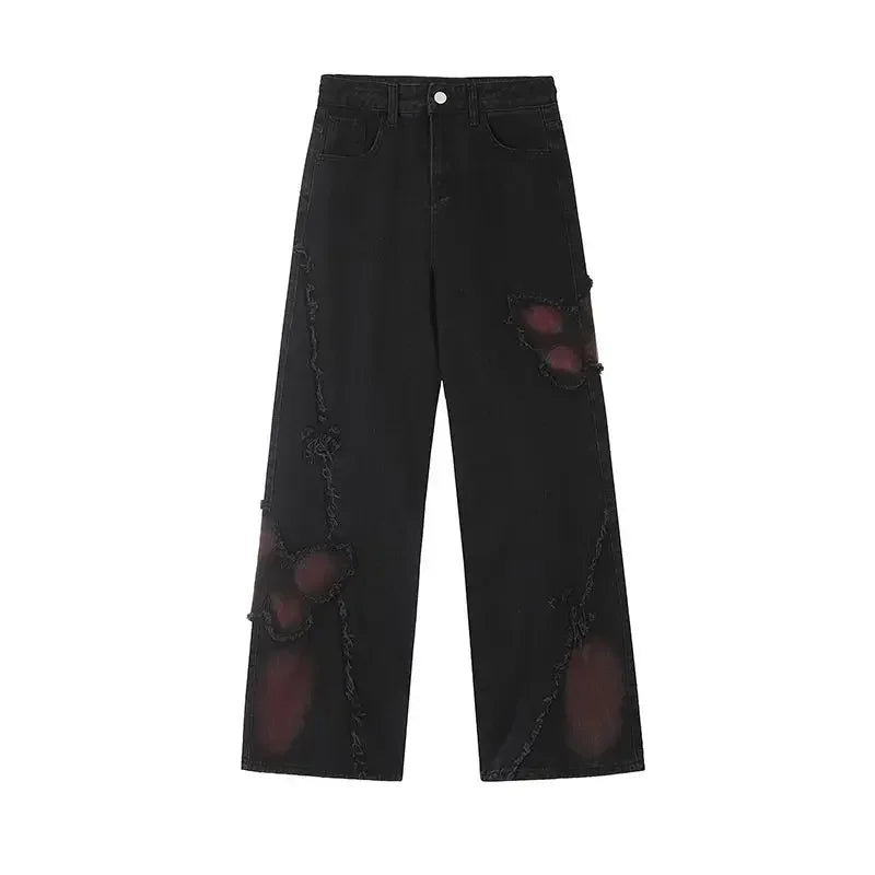 Denim Pants for Women Butterfly Gyaru Womens Jeans Embroidered 90s Loosefit 2025 Fashion Trousers Pant Cool Stretched Wide Leg Z