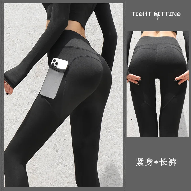 New High Waist Women's Leggings Stretch Yoga Pants Tights With Pockets Push Up Fitness Running Sportswear Solid Color Pants