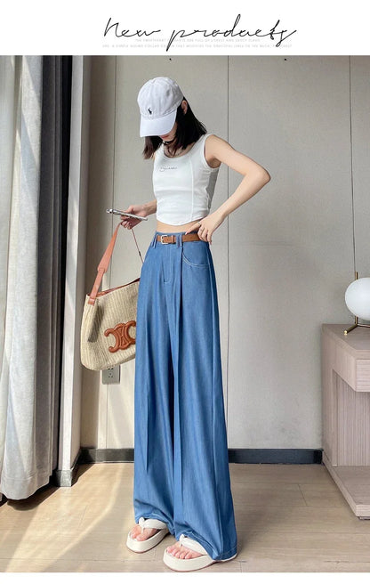 Women's Casual Basic Style Tencel Soft Ice Silk High Waisted Straight Jeans Female Commute Wide-Leg Light Blue Jeans