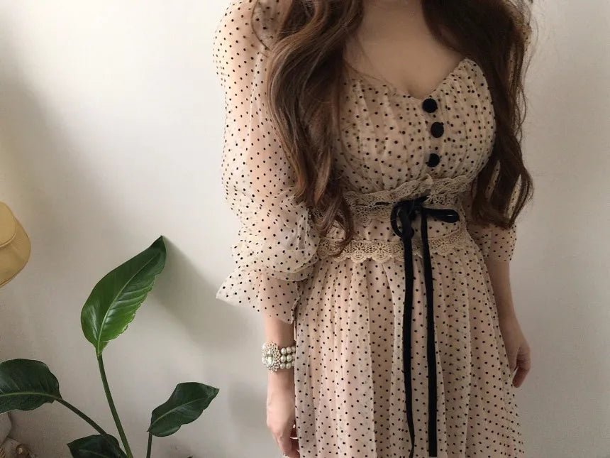 Women Clothing Vestidos Vintage Dress Elegant Square Neck High Waisted Lace Organza Polka Dot Dresses Chic Summer 2025 Slim