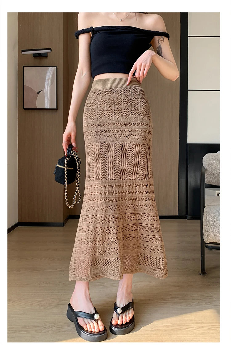 Skirts Women Trumpet High Waist Long Skirt Female Summer Elegant Knitted Hollow Out Fahison Skirt Bottom
