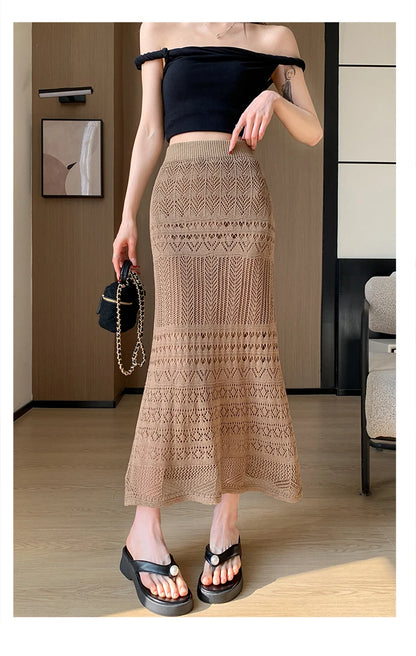 Skirts Women Trumpet High Waist Long Skirt Female Summer Elegant Knitted Hollow Out Fahison Skirt Bottom