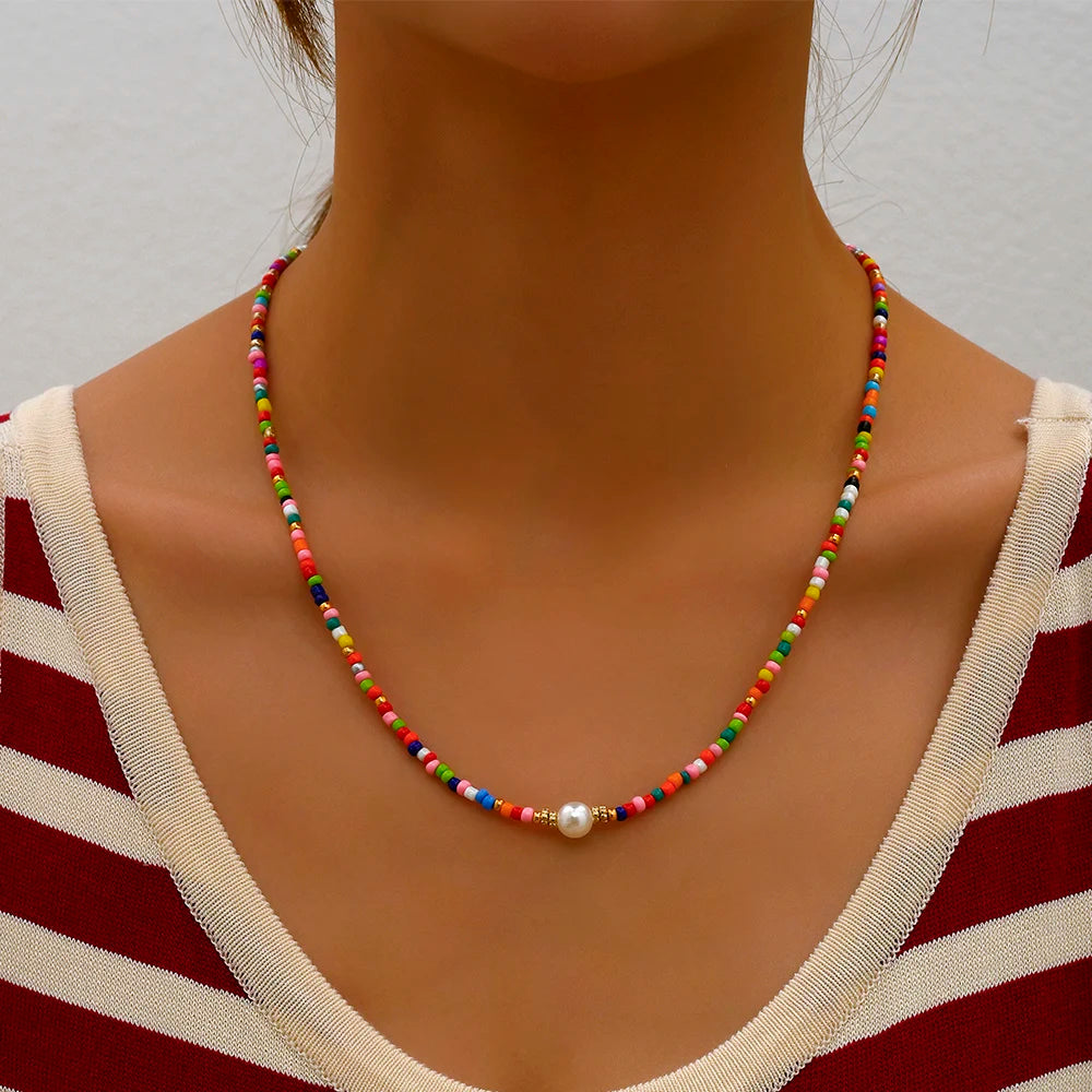 Bohemian Handmade Colorful Beads Chain Fashion Necklaces Tassels Pearl Pendant Jewelry For Women Accessories N0368
