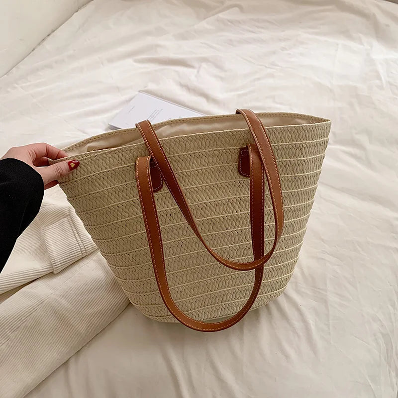 Women Braided Basket Clutches Top-handle Bag Large Straw Portable Shoulder Bag Summer Beach Party Purses Shopper Satchel Female