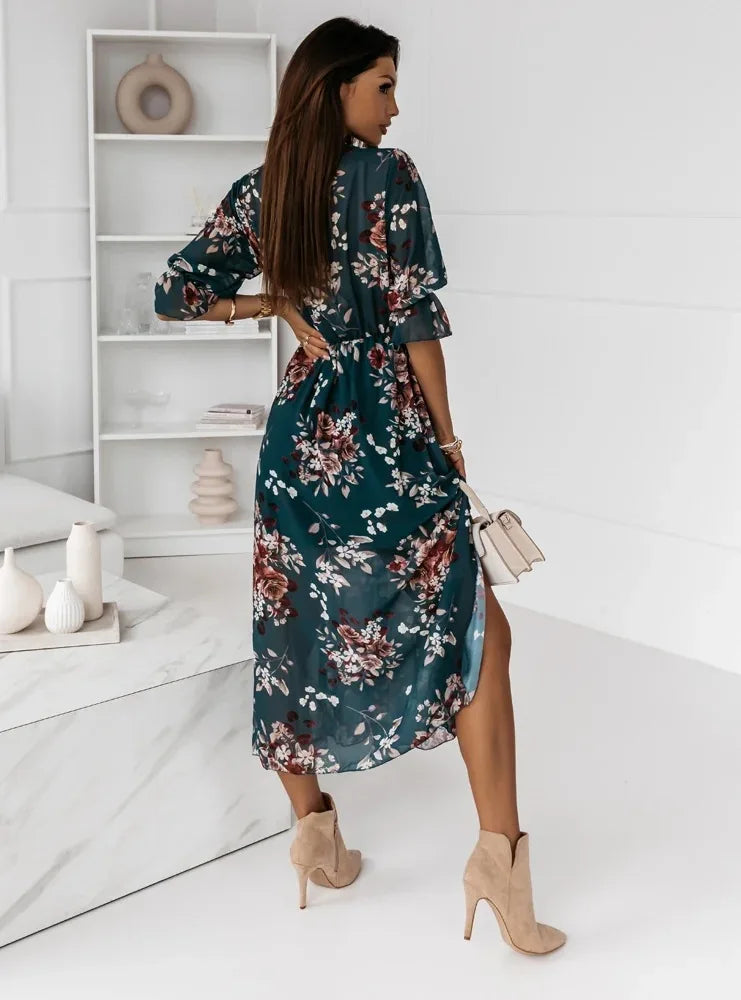 Women Dresses Sexy V Neck Retro Print Chiffon Maxi Dress Fashion Elastic Waist Side Splits Robe Elegant Long Sleeve Loose Dress