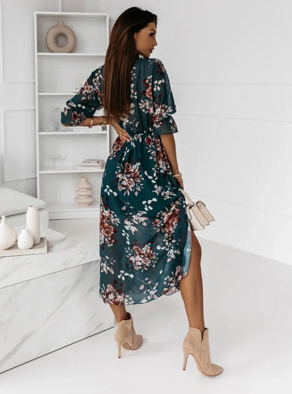 Women Dresses Sexy V Neck Retro Print Chiffon Maxi Dress Fashion Elastic Waist Side Splits Robe Elegant Long Sleeve Loose Dress