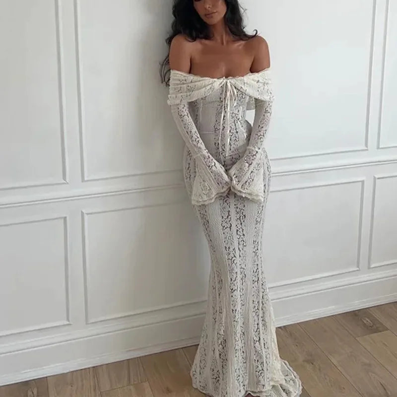 Women's Dresses New Sexy One-word Shoulder Lace Temperament Tube Top Long Dress Slim Fishtail Dress for Women