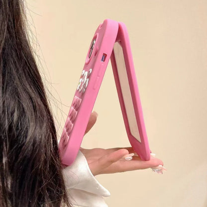 Cute 3D Hot Pink Bow Cellphone Model Flip Mirror Silicone Cases For iPhone 15 14 13 12 Pro Max 11 Shockproof Soft Cover Gifts