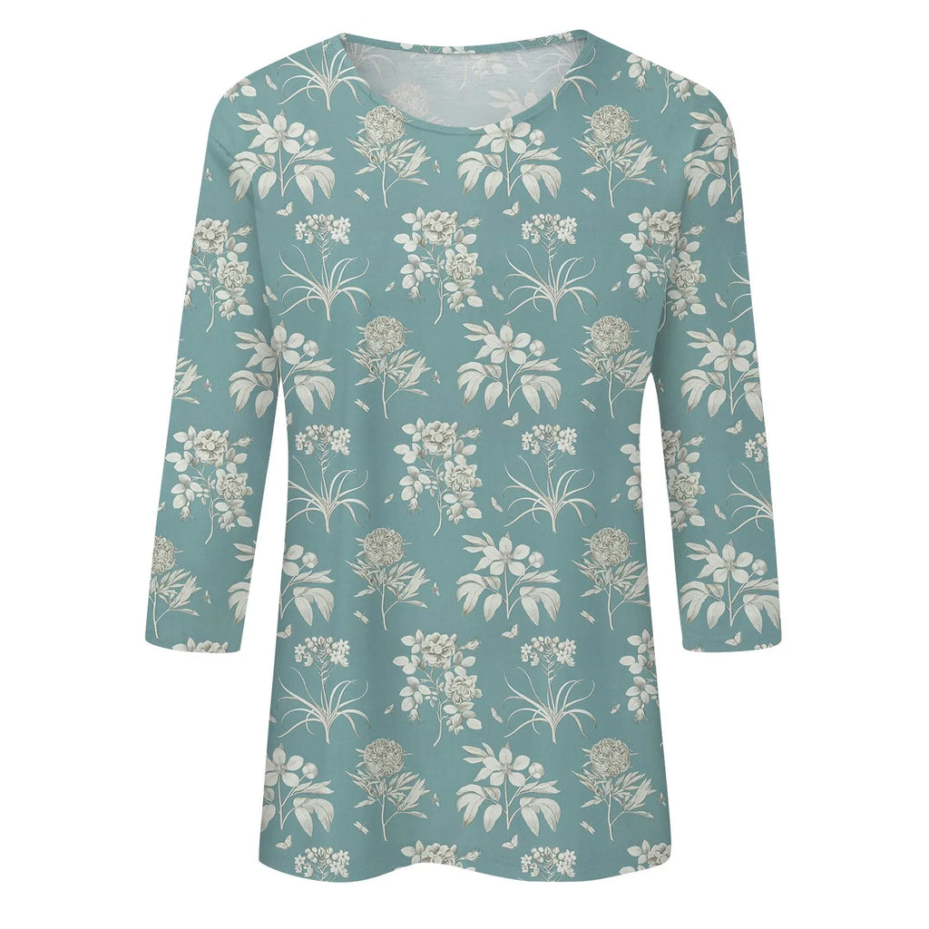 2024 Women Summer Tops Comfortable T Shirt Fashion Flower Print Round Neck 3/4 Sleeve Tops Soft Versatile Pullover Ropa De Mujer