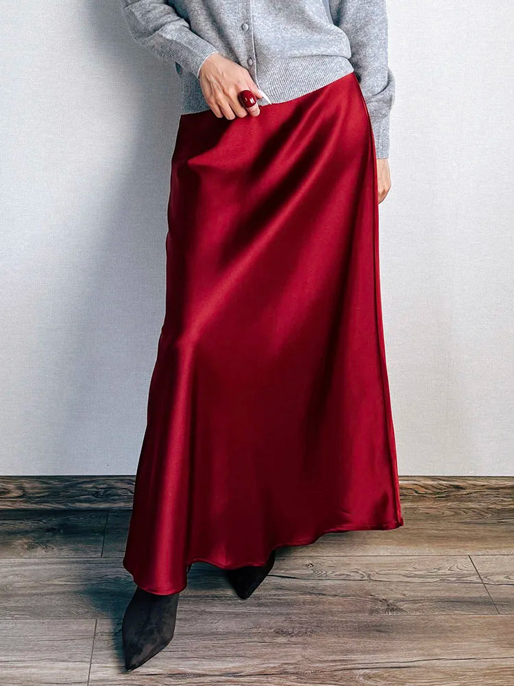 Long Black Satin Skirts Women For Work Summer Autumn Straight Brown Skirt Long Belt Coffee Formal Silk Maxi Skirt For Ladies