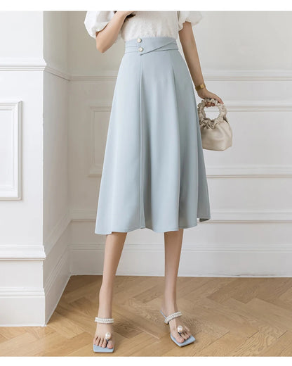 Women's Skirts High Waist Sweet Girl's Mid-calf Skirt Solid Skirts for Women Vintage Long Fashion 2023 Kawaii Summer Women Skirt