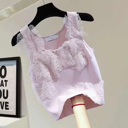 Sexy Crop Tops Women Heavy Embroidery Floral Tank 2025 Ropa Mujer Lace Butterfly Backless Tunic Vest Korean Summer Camis