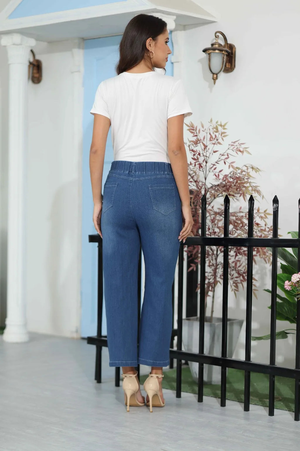 Women Seamed Front Wide Leg Jeans Elastic Waist Stretch Denim Flare Jeans High Waisted Jean Bell Bottom Cropped Pants pantalones