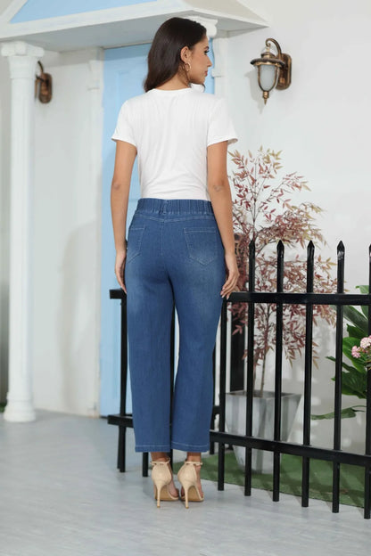 Women Seamed Front Wide Leg Jeans Elastic Waist Stretch Denim Flare Jeans High Waisted Jean Bell Bottom Cropped Pants pantalones