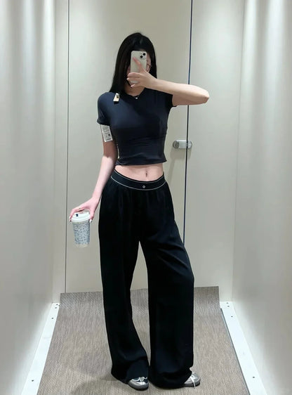 Yoga Sports Straight Leg Pants Women Thin Casual Fashion Solid Elastic Waist Quick Drying Sweatpants Loose Baggy Trousers Women
