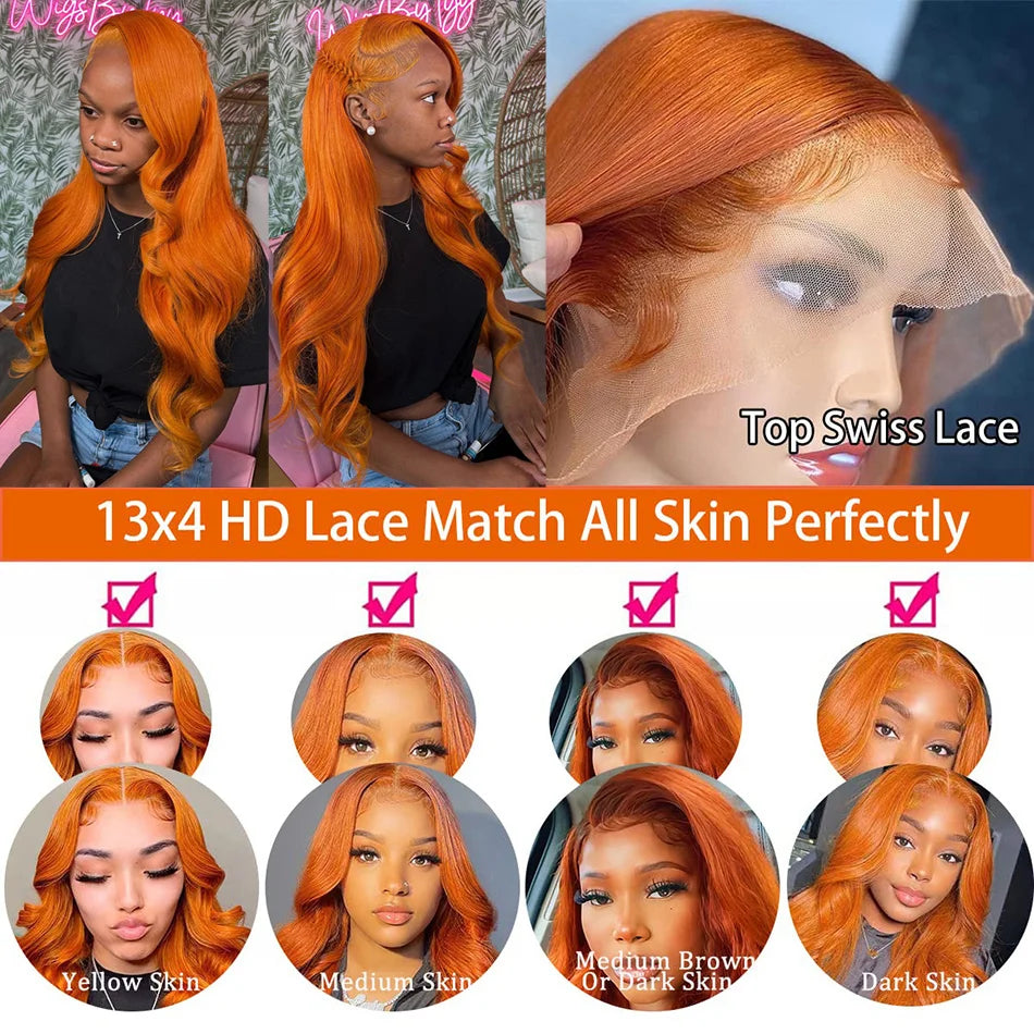 30 36 Inch Ginger Body Wave Human Hair Colored Wigs 100% 13X6 Hd Lace Frontal Wig 13X4 Preplucked Lace Front Wigs For Women