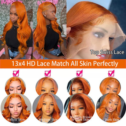 30 36 Inch Ginger Body Wave Human Hair Colored Wigs 100% 13X6 Hd Lace Frontal Wig 13X4 Preplucked Lace Front Wigs For Women
