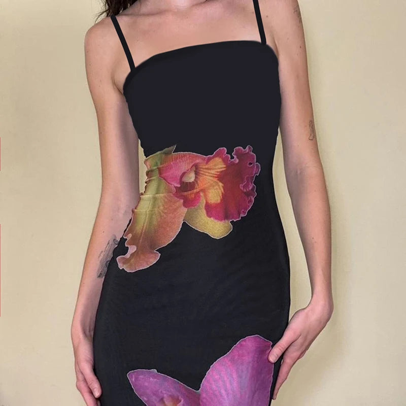 Women's Dresses New Summer Sexy Black Lace Fashion Print Sleeveless Backless Strap Maxi Dress Casual Club Elegant Female Dresses