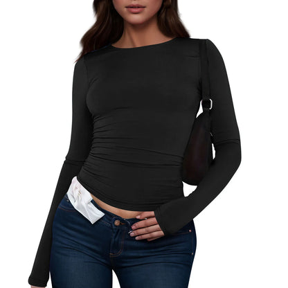 Women's Fashion Solid Colour Round Neck Long Sleeve T-Shirt Top Tops for Women Womens Tops and Blouses Trendy Womens Summer Tops