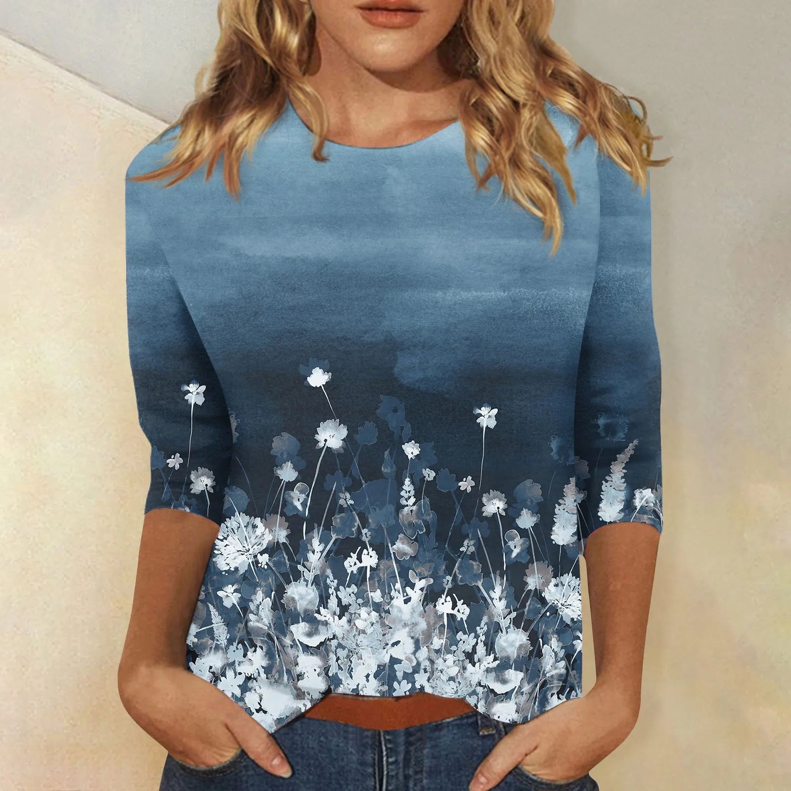 2024 Women Summer Tops Comfortable T Shirt Fashion Flower Print Round Neck 3/4 Sleeve Tops Soft Versatile Pullover Ropa De Mujer